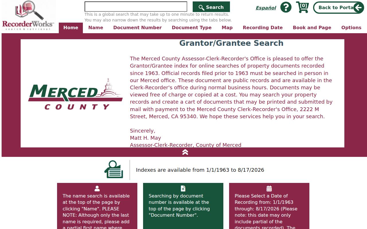 Merced previous residents RecorderWorks grantor grantee index